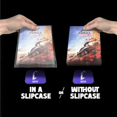 Two hands holding 'Forza Horizon 4' game cases with and without slipcase on a black background.
