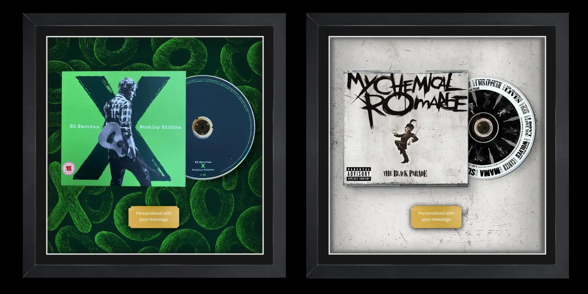 Framed physical media showing Ed Sheeran and my chemical romance albums inside. Framing a album or CD with Cheevo.