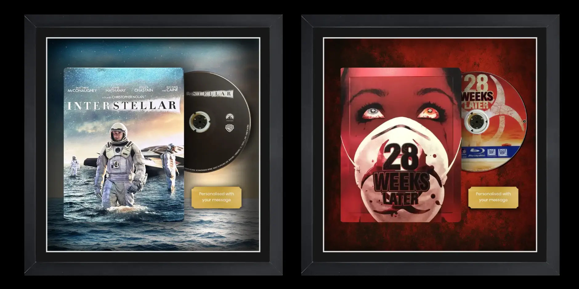 Framed movies and films in a display for physical media. The frames show interstellar and 28 weeks later inside, next to a gold nameplate.