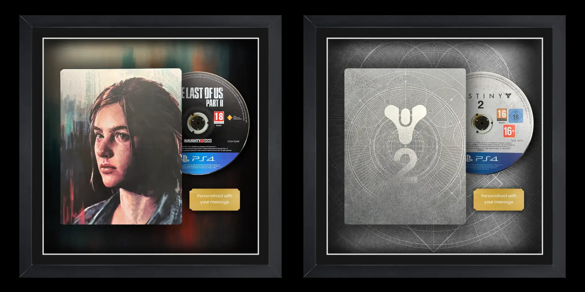 Framing a video game with Cheevo. Inside of two frames sit the steelbooks of the last of us part 2 and destiny 2 alongside a gold plaque.