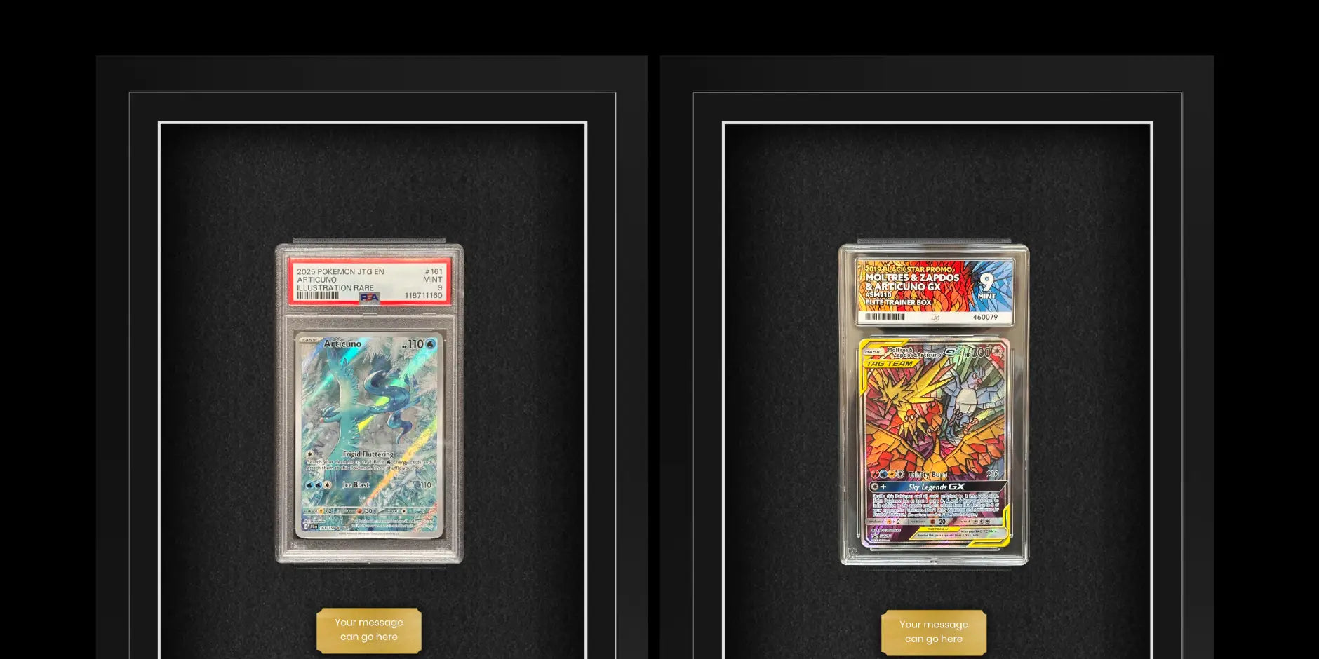Two framed trading cards with PSA grading and ACE grading on a black background