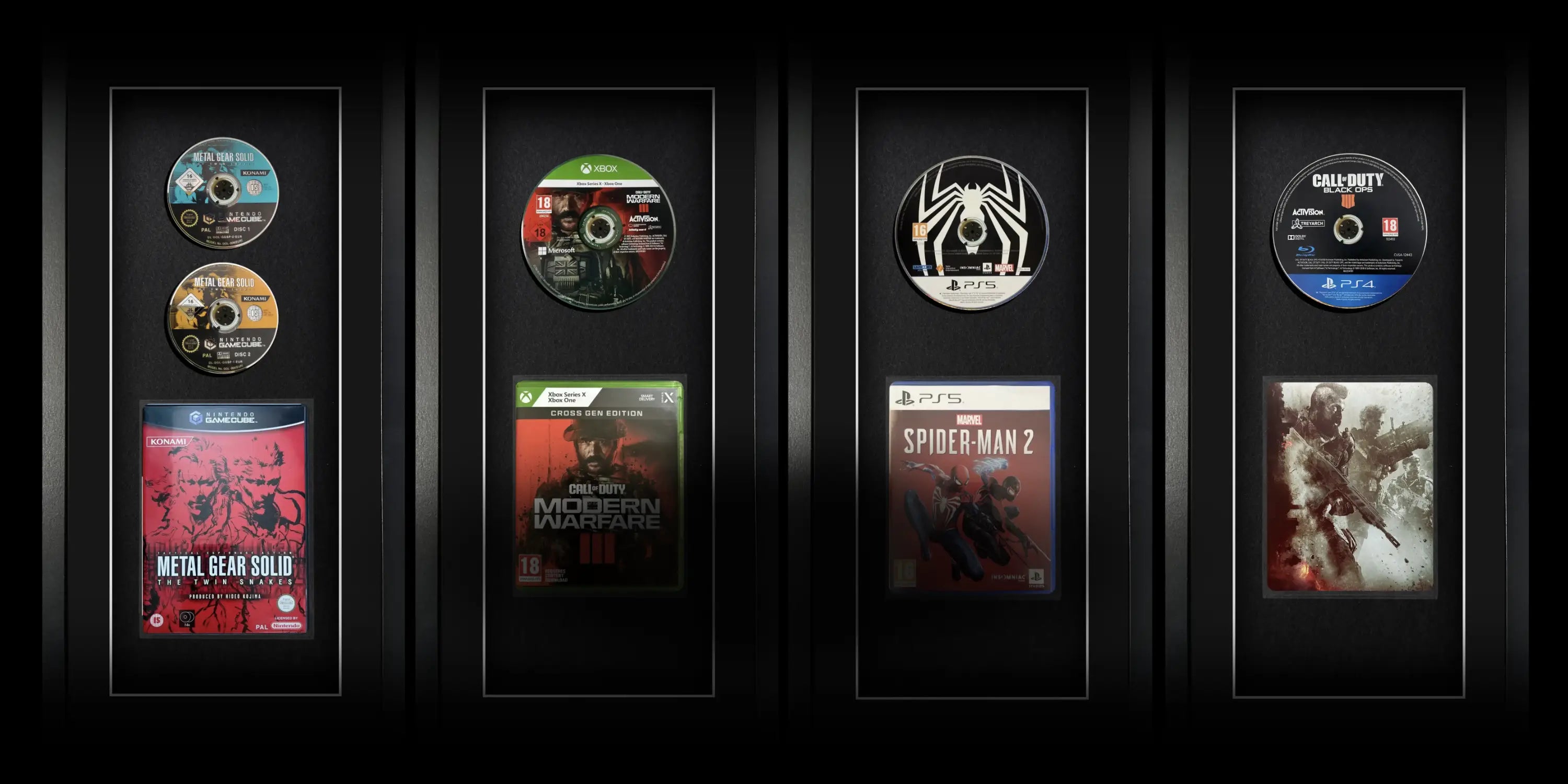 Shows COD Modern Warfare and Spider Man inside of a frame. Frame a game with Cheevo. Playstation & Xbox