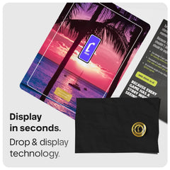 A promotional graphic showing a black  gold circular logo, placed beside a plate displaying a tropical sunset screen protector demo and marketing text that reads 'Display in seconds. Drop & display technology.