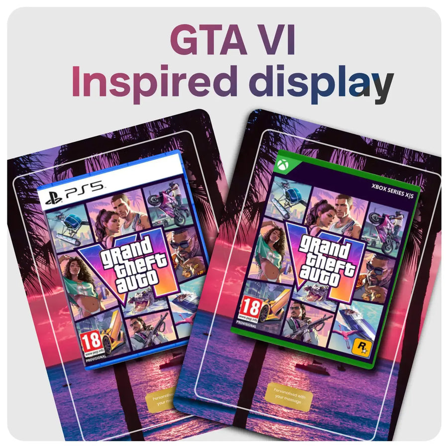 Two stylized game display plates featuring Grand Theft Auto VI artwork, one PS5-style and one Xbox Series X style, with the headline 'GTA VI Inspired display' above them on a light gray background.