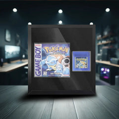 Pokemon Blue for Gameboy inside a frame. This frame safely displays the video game case and cartridge
