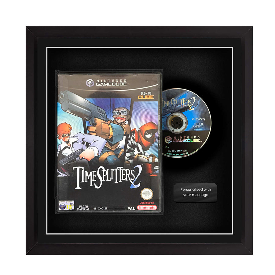 Frame Your Nintendo gamecube video game. Framed game display. Time Splitters 2 inside a frame. Add any nintendo gamecube and protect your game for years.