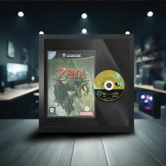 Zelda gamecube video game inside a frame. This frame sits on a table inside a games room and displays the game disc and case