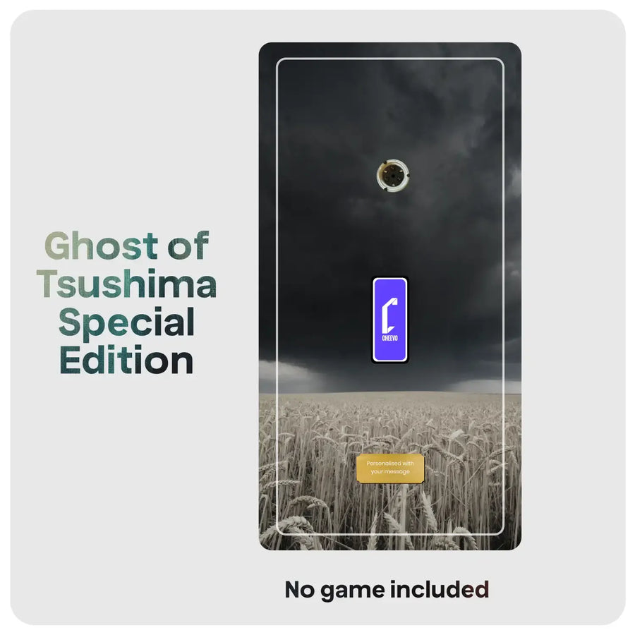 Grey artwork showing a stormy sky and wheat field with DVD spindle, purple Cheevo logo and gold plate. Text reads Ghost of Tsushima Special Edition