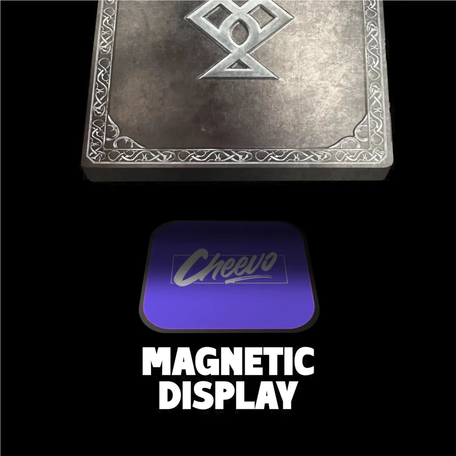 Decorative god of war with a symbol on top of a black background, featuring the brand 'Cheevo'.