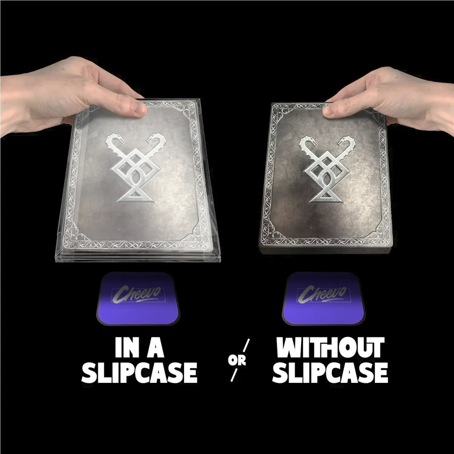 Two hands holding the god of war 2018 steelbook, one in a slipcase and one without, on a black background.