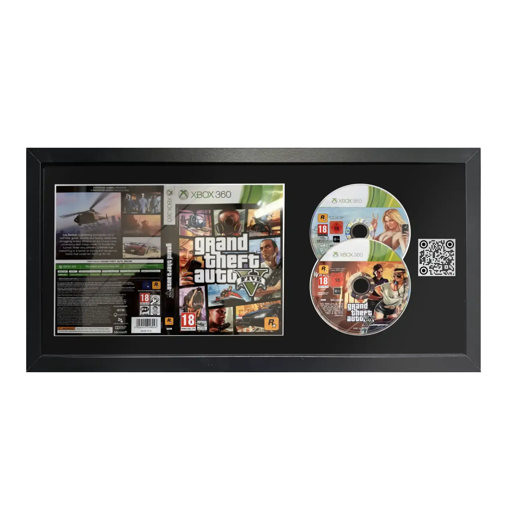 Grand theft auto 5 game on Xbox 360 in a frame with a QR code