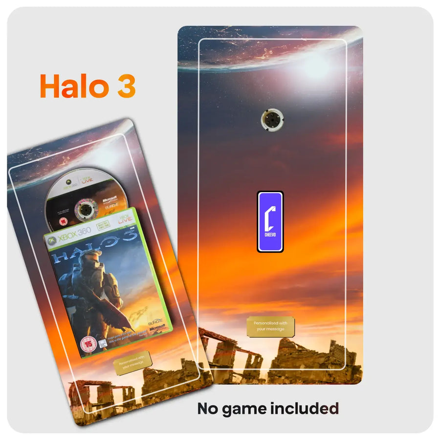 A Halo 3 themed display, featuring a dramatic orange and purple sunset sky with a planet, a DVD spindle, and a small Cheevo logo. The image includes text reading 'Halo 3' and 'No game included', indicating the design is themed after the game but no physical game is supplied.