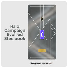 Grey artwork with DVD spindle, purple Cheevo logo and gold plate. Text shows Halo Campaign Evolved steelbook