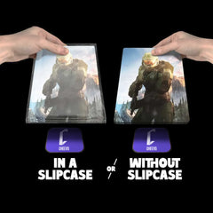 Xbox Series X video game steelbook being added to a frame to be displayed alongside the disc.