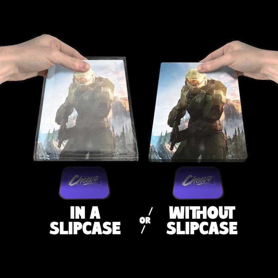 Xbox Series X video game steelbook being added to a frame to be displayed alongside the disc.