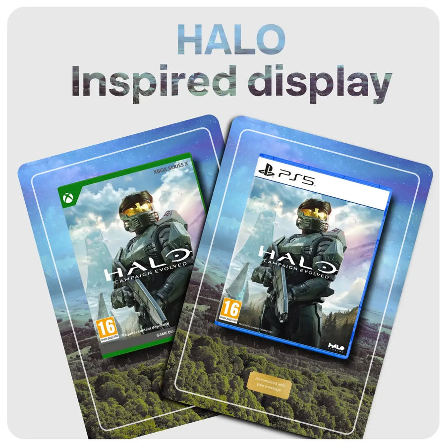 Two Halo-themed display plates shown on a light gray background with the text 'HALO Inspired display' above them. One card has a green Xbox-style border and the other has a blue PS5-style border, both featuring Halo game cover art and a small gold foil-like accent near the bottom.