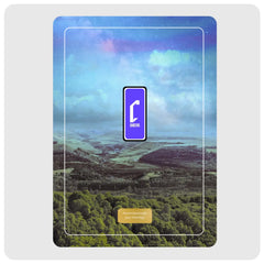 A printed scenic landscape design, featuring a purple sky and green hills, with a purple and white 'Cheevo' logo in the centre and a gold label at the bottom.