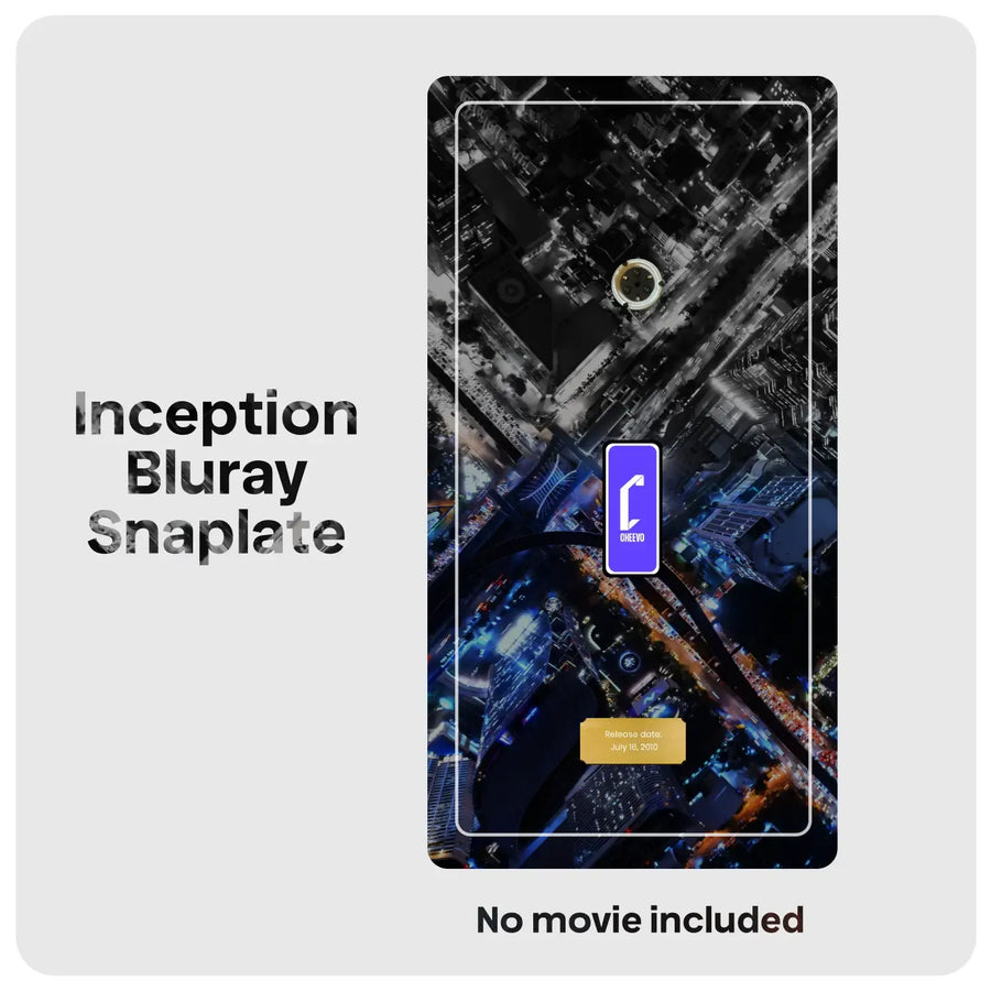 A dark cityscape print with glowing blue and orange lights, overlaid with a rectangular block and text reading 'Inception Bluray Snaplate' and 'No movie included'.