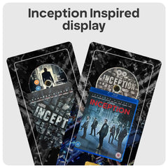 Two Inception-themed display plates shown on a light grey background with the text 'Inception Inspired display' at the top. The left item shows a circular disc-like design with a dark silhouette and the word 'Inception,' while the right item shows a blue-bordered movie cover with characters and the title 'Inception'.