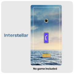 A artwork inspired 'Interstellar' steelbook themed wall decal, showing a scene of space above an ocean horizon. The graphic includes a blue and white starry sky, a DVD spindle, a purple 'Cheevo' sign, and a gold plate