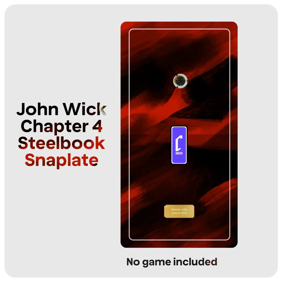 Red and black artwork with DVD spindle, purple Cheevo logo and gold plate. Text reads John Wick Chapter 4 Steelbook Snaplate