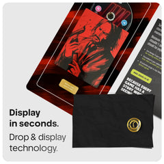 John Wick red steelbook and disc displayed on artwork with a gold plate at the bottom