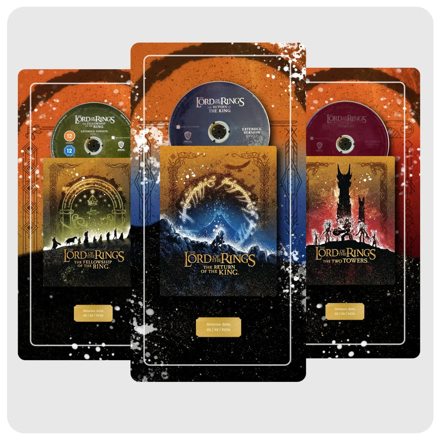 Three Lord of the Rings DVD box set packages fanned out against a light gray background. The center package shows the return of the king, whilst the others show the fellowship of the ring and the two towers.