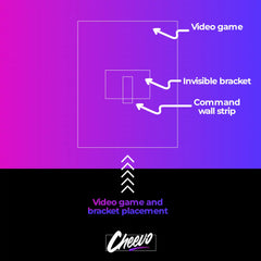 Shows the video game, bracket and wall command strip for safe attachment and display