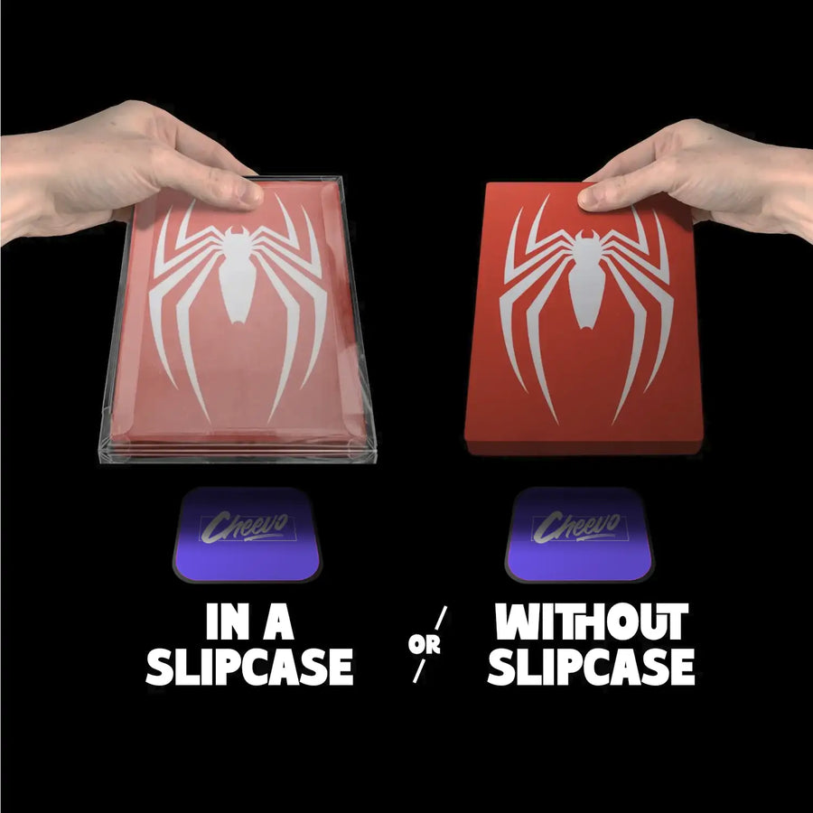 Two hands holding red spiderman steelbooks, one with 'In a slipcase' text and the other with 'Without slipcase' text.