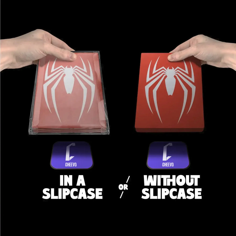 Two hands holding red spiderman steelbooks, one with 'In a slipcase' text and the other with 'Without slipcase' text.
