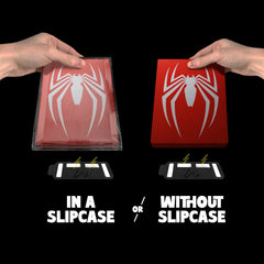 Two hands holding red spiderman steelbooks, one with 'In a slipcase' text and the other with 'Without slipcase' text.