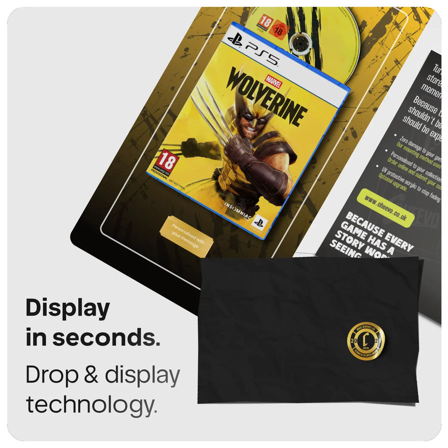 Wolvering for playstation 5 with disc and gold plate displayed on a artwork board