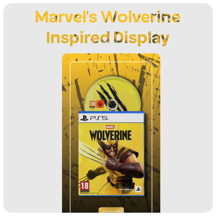 A PlayStation 5 game case showing Marvel's Wolverine with a matching yellow disc behind it, centered on a light grey background with the text 'Marvel's Wolverine Inspired Display' above it.