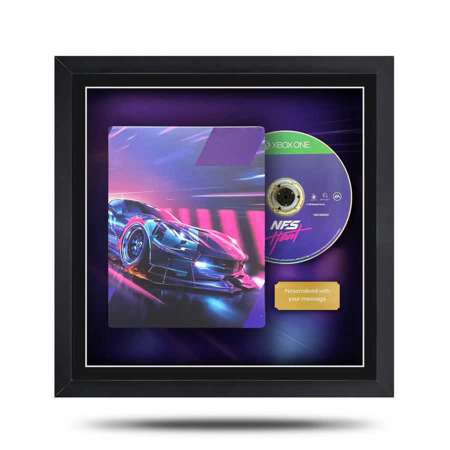 Framed video game case and disc with 'NFS' branding on a white background