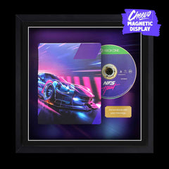 Need For Speed Heat video game displayed inside of a picture frame. The steelbook case and game disc are presented side-by-side and ready to be hung on the wall
