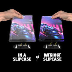 Need For Speed Heat being added to a magnetic bracket. The video game is inside of a plastic slipcase and another version without one. 
