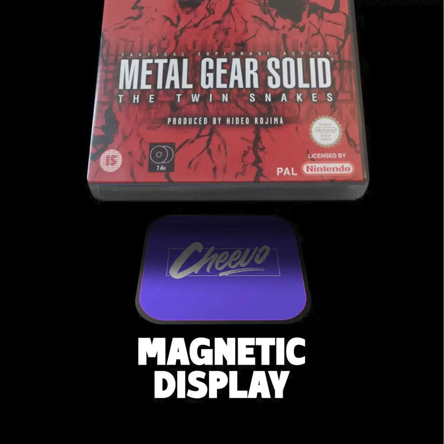 Metal Gear Solid game case and Cheevo magnetic display on a black background