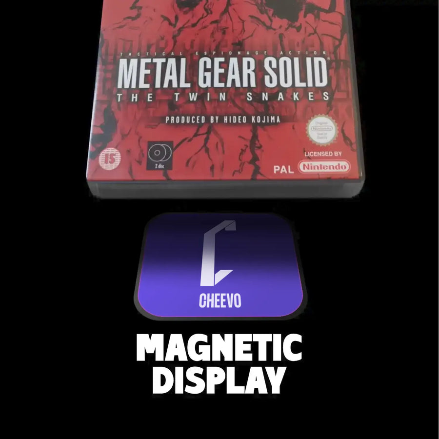 Metal Gear Solid game case and Cheevo magnetic display on a black background