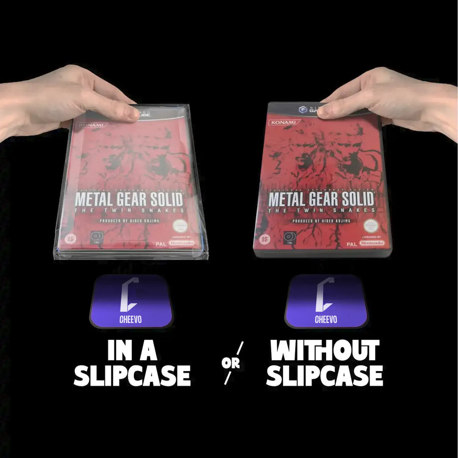 Two hands holding 'Metal Gear Solid' game cases with 'Cheewo' branding on a black background.