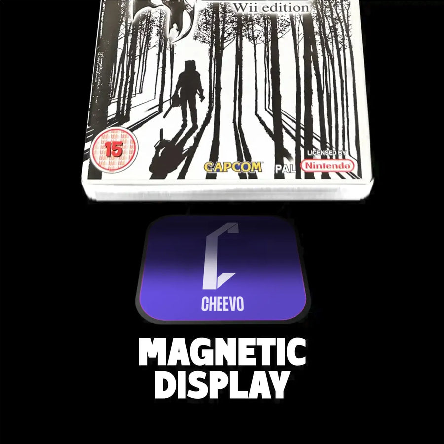 Nintendo wii Game case with 'Cheevo' magnetic display on a black background