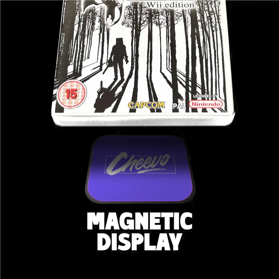 Game case with 'Cheevo' magnetic display on a black background