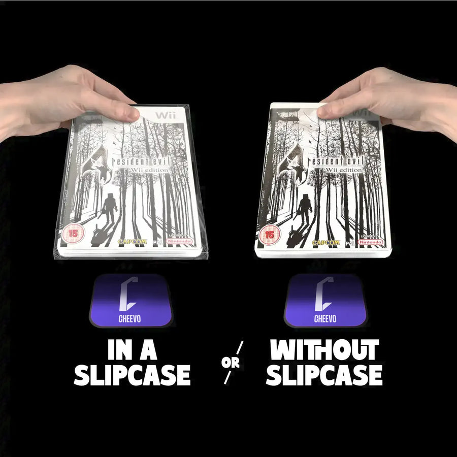 Two hands holding 'Nintendo wii Resident Evil' game cases with and without a slipcase on a black background.