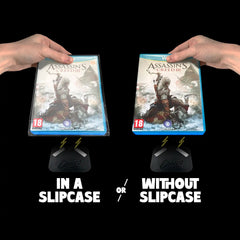 Nintendo Wii U being added to a slipcase and displayed on a magnetic bracket