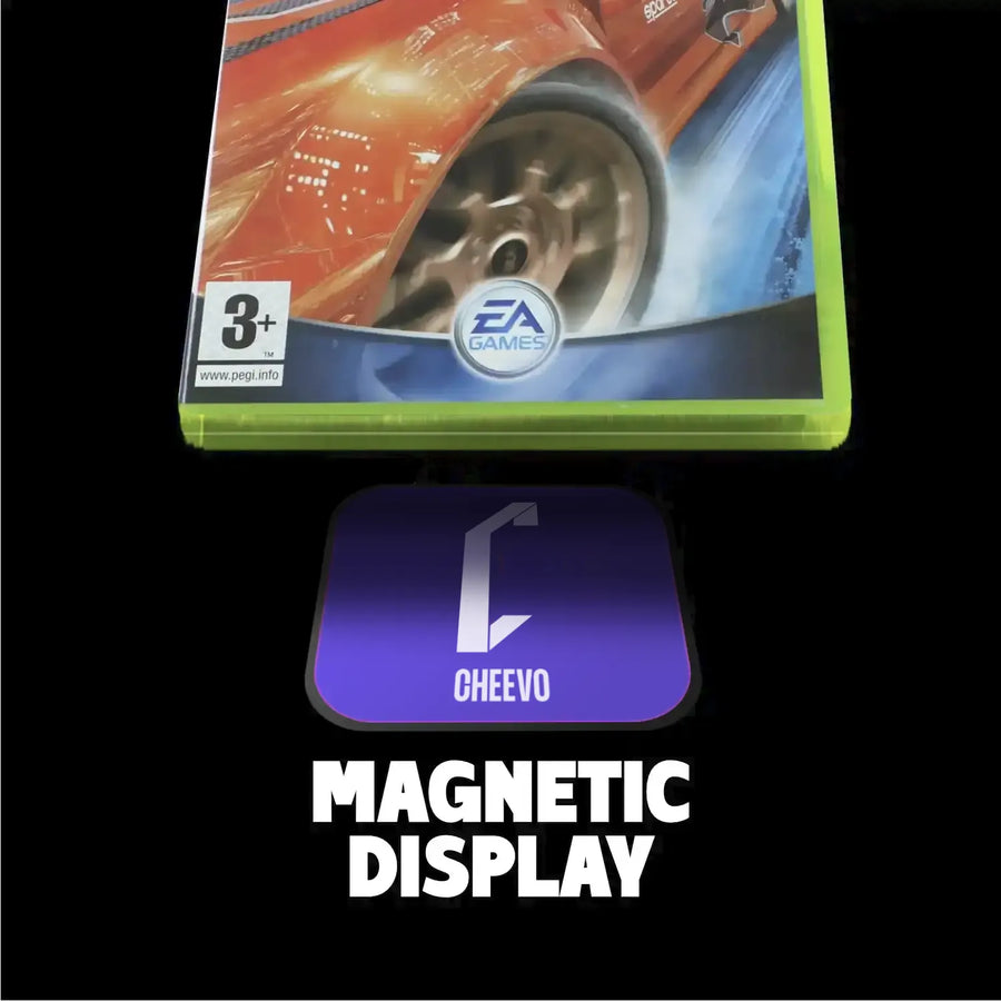 xbox video game cover with EA Games logo and a purple 'Cheevo' magnetic display on a black background