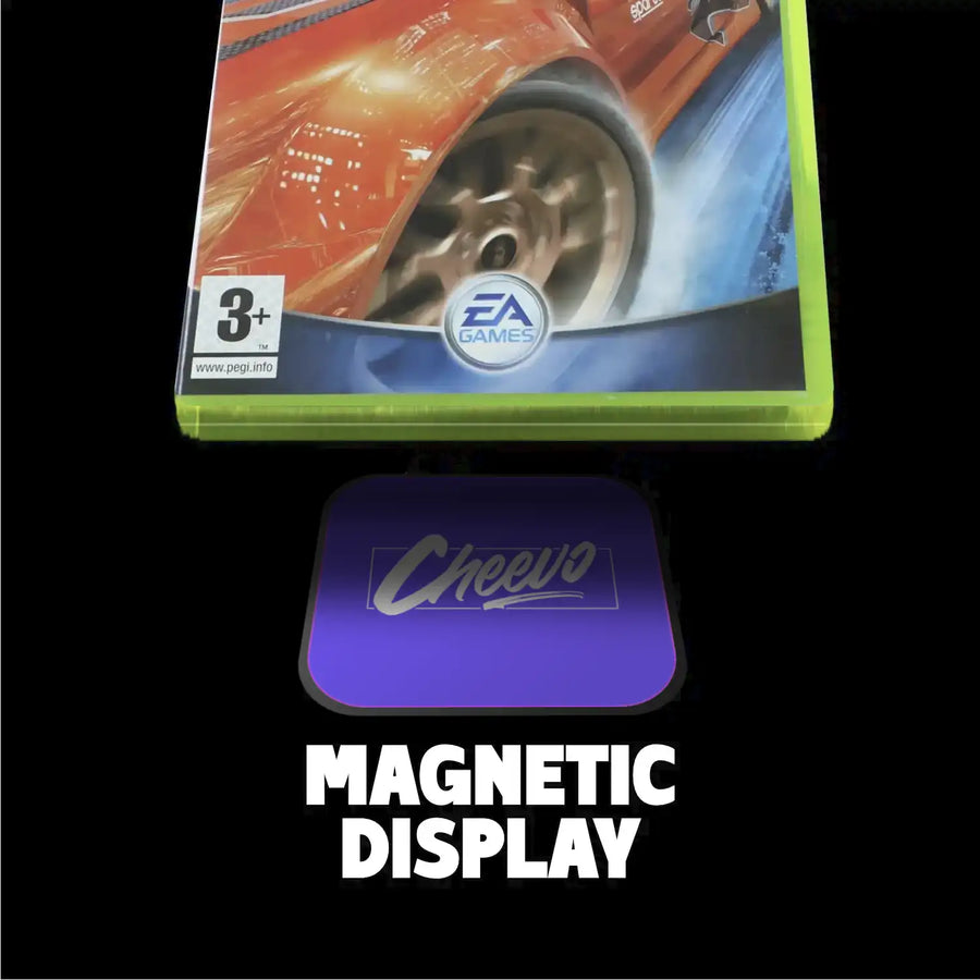 xbox video game cover with EA Games logo and a purple 'Cheevo' magnetic display on a black background