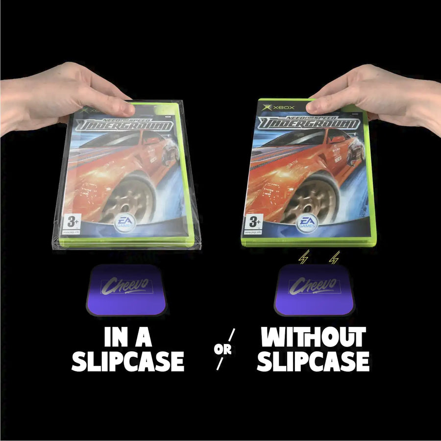 Two hands holding 'Need For Speed Underground' game cases with and without slipcases on a black background.