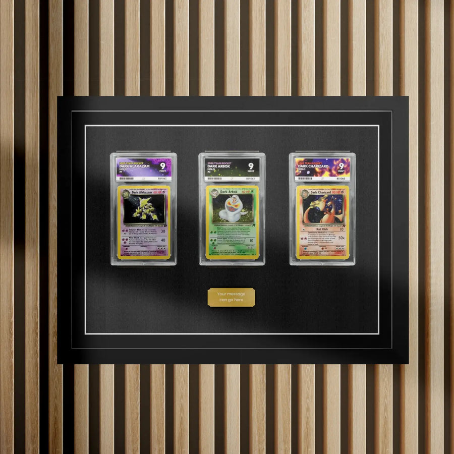 ACE graded picture frame holding three cards in plastic slabs, by Cheevo Ltd