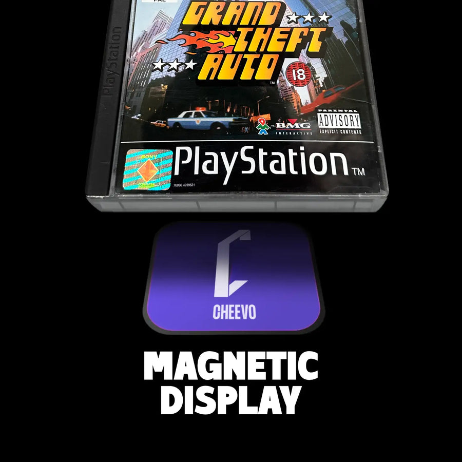 Grand Theft Auto PlayStation game case with Cheevo magnetic display below on a black background