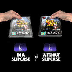 PS1 video games with slipcase being added to a magnetic basestation for display