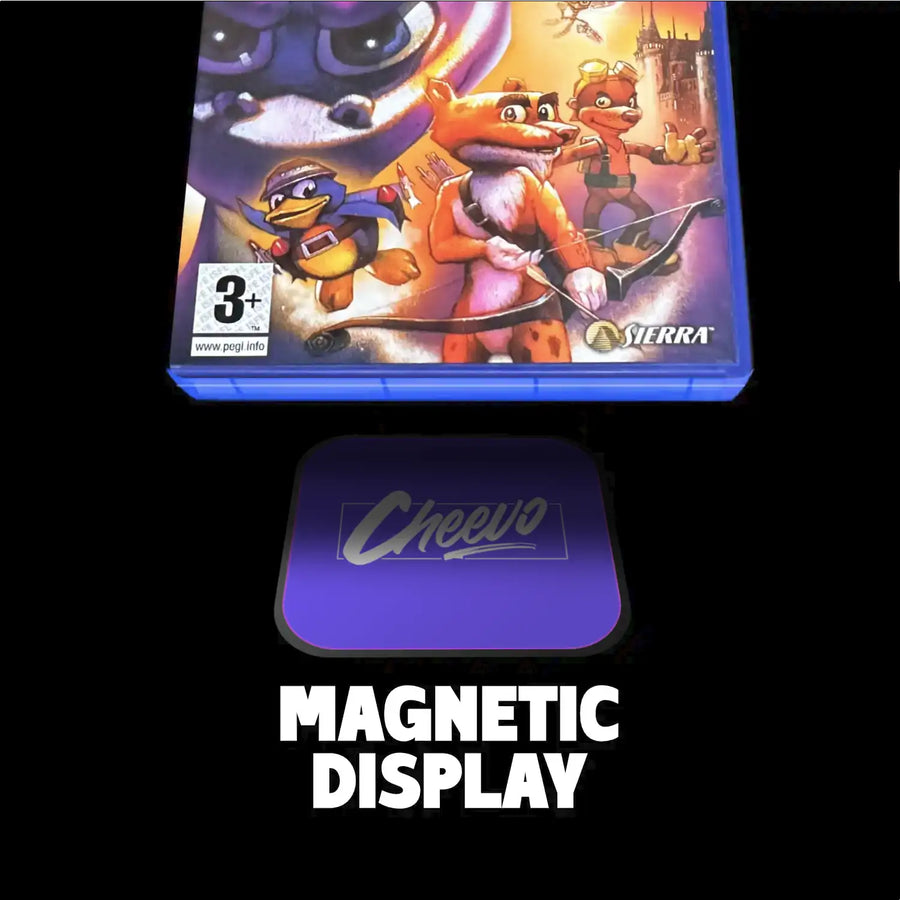 Video game case for playstation 2 and a 'Cheevo' magnetic display below on a black background.